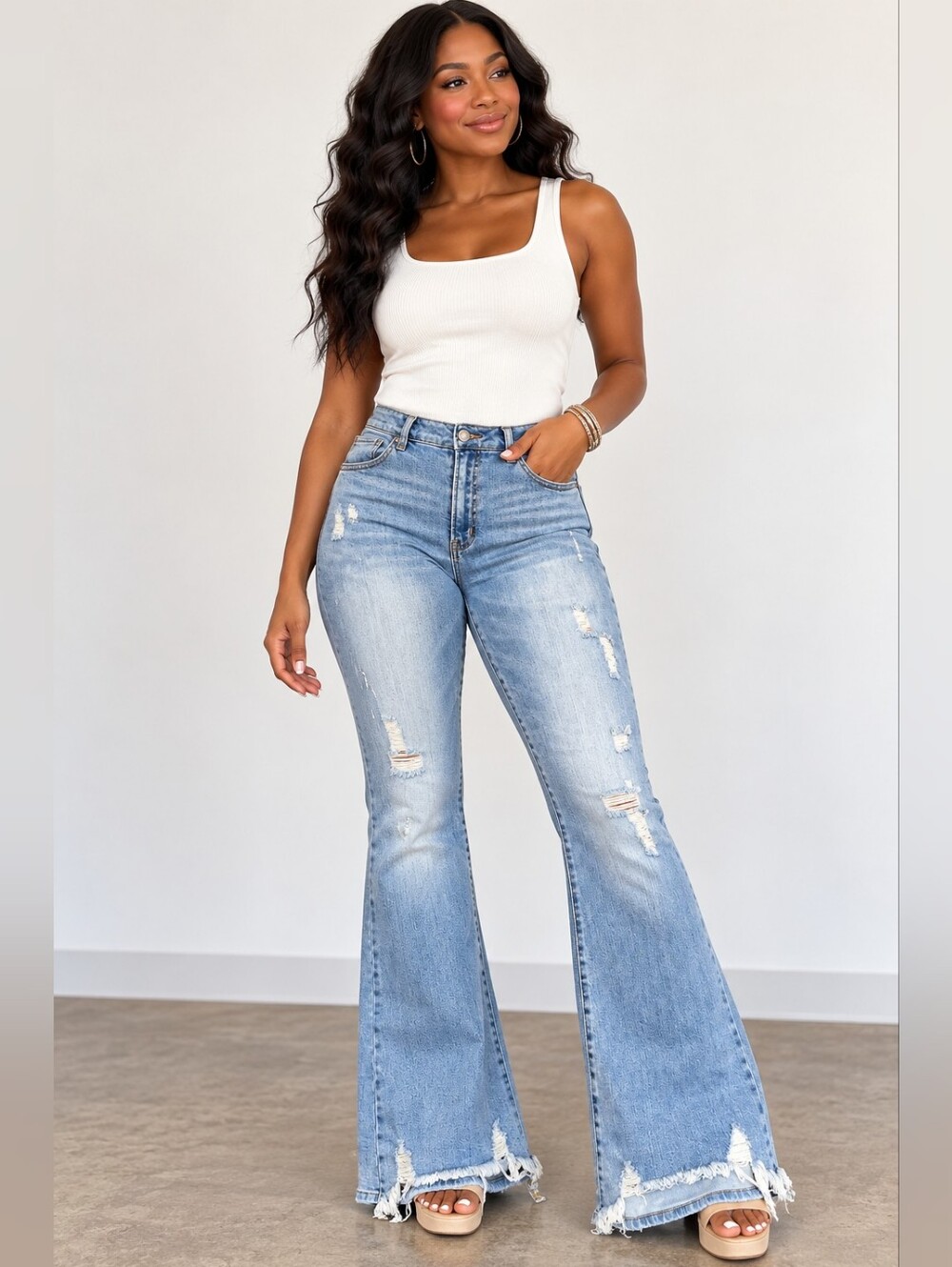 RISEN Distressed Flare Jeans Size 13/31 Light Wash Frayed Hem High Rise